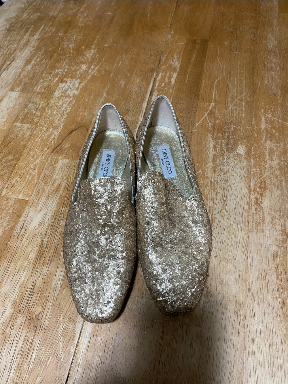 Beautiful Jimmy Choo Gold Glitter Loafers - Women's Shimmer Slip-Ons London